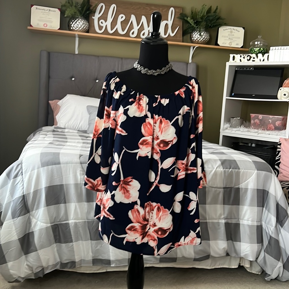 Navy Blue and Pink Floral Blouse